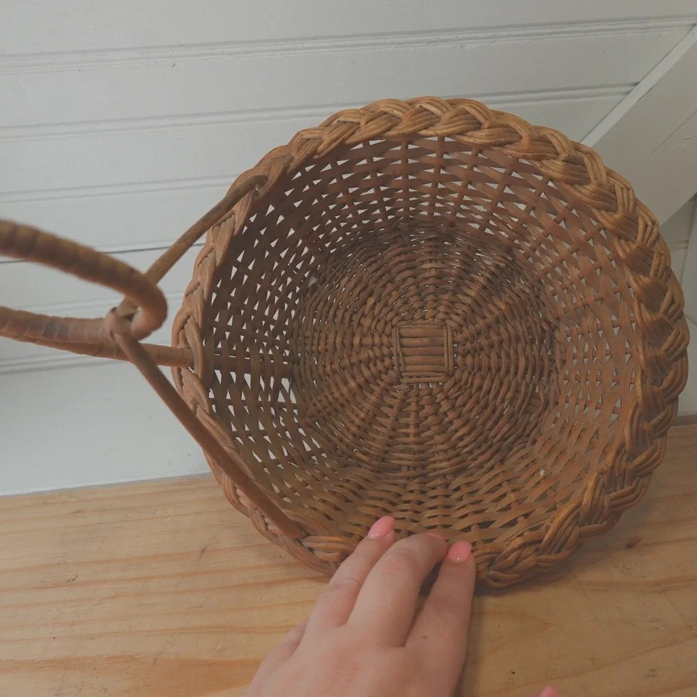 Vintage Woven Wicker Basket Round Abstract Handle 10 inch Braided Rim Unique